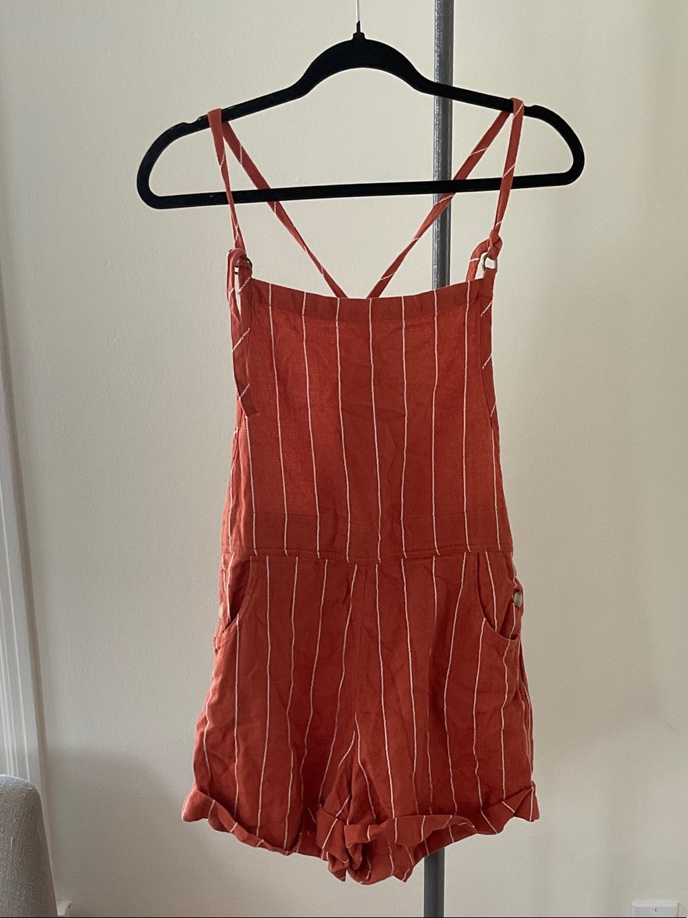 Element Rust-Orange Striped Linen-Blend Romper